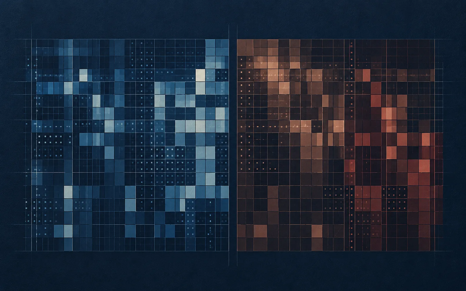 Blue and copper data-grid abstraction representing two market selloffs